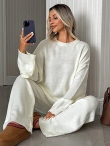 SHEIN طقم كاجوال بسيط من قطعتين من الصوف المحبوك، كنزة بحافة غير متماثلة وبنطال واسع الساق، للارتداء اليومي والسفر، باللون الأبيض الكريمي - أبيض - مشاهدة 9