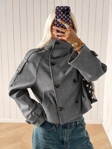 SHEIN EZwear 黑白編織羊毛混紡女款長袖夾克，秋冬款 - 黑與白 - 查看 4