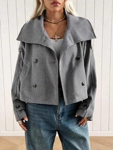 SHEIN EZwear 黑白編織羊毛混紡女款長袖夾克，秋冬款 - 黑與白 - 查看 7
