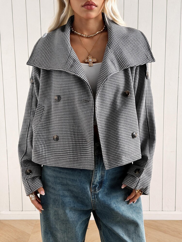 SHEIN EZwear 黑白編織羊毛混紡女款長袖夾克，秋冬款 - 黑與白 - 查看 7