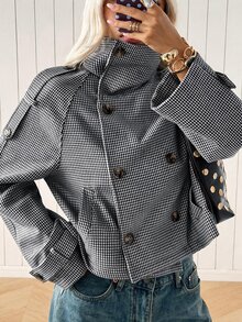 SHEIN EZwear 黑白編織羊毛混紡女款長袖夾克，秋冬款 - 黑與白 - 查看 1