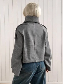SHEIN EZwear 黑白編織羊毛混紡女款長袖夾克，秋冬款 - 黑與白 - 查看 2