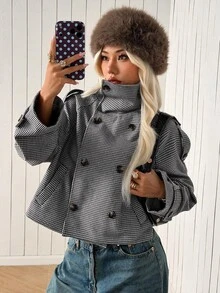 SHEIN EZwear 黑白編織羊毛混紡女款長袖夾克，秋冬款 - 黑與白 - 查看 3