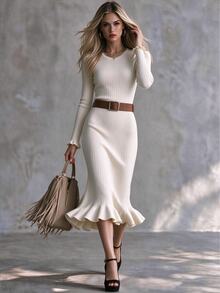 SHEIN Đầm len phong cách Pháp thanh lịch, casual, tối giản, gợi cảm, cổ tròn, tay dài, cổ tay cài nút, gấu bèo nhún, chân váy đuôi cá midi, màu trắng kem, cho văn phòng, mùa thu - Màu be - Xem 3