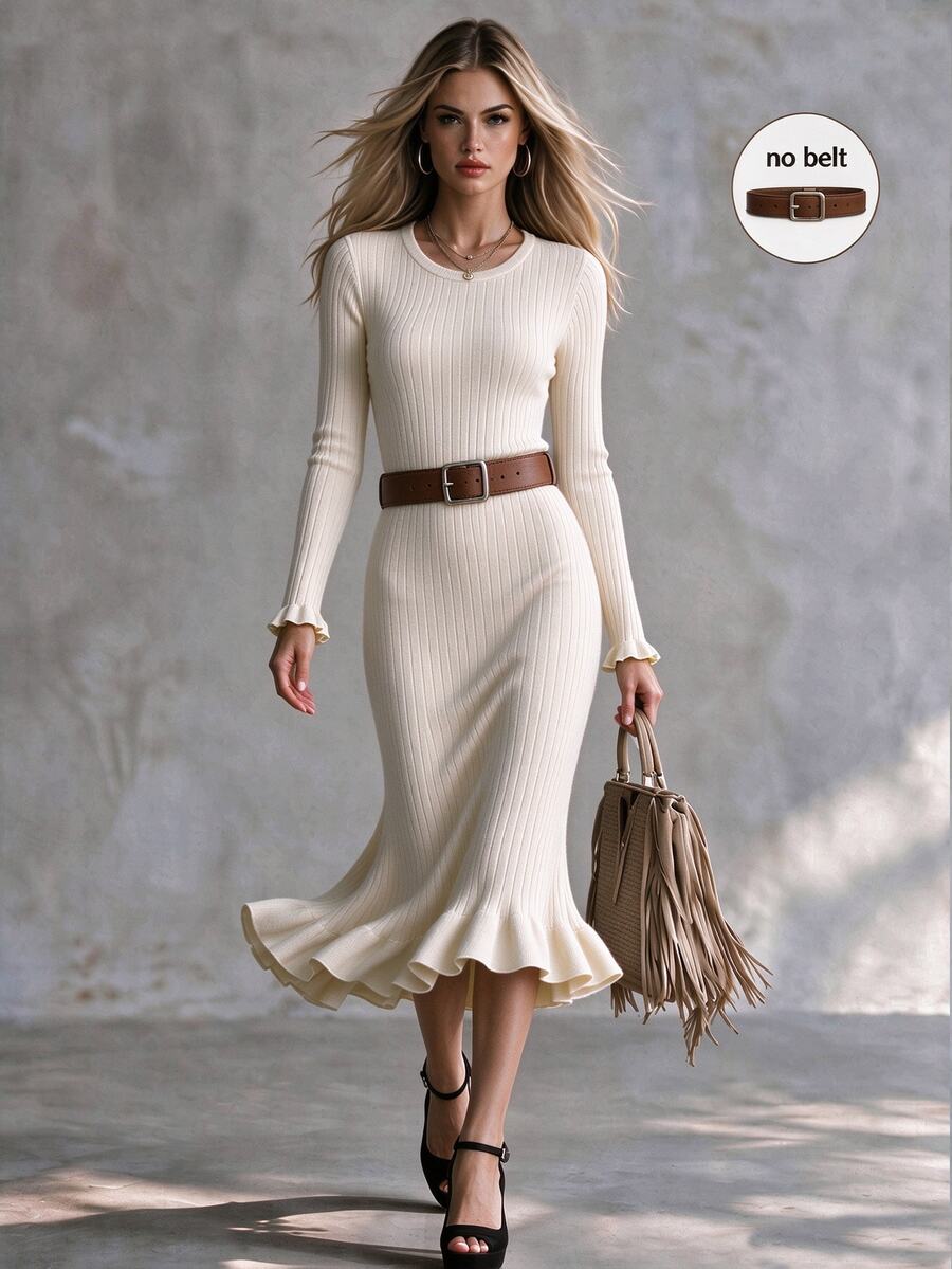 SHEIN Đầm len phong cách Pháp thanh lịch, casual, tối giản, gợi cảm, cổ tròn, tay dài, cổ tay cài nút, gấu bèo nhún, chân váy đuôi cá midi, màu trắng kem, cho văn phòng, mùa thu - Màu be - Xem 1