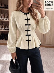 valorelle valorelle Women's Elegant Long Sleeve Blouse With Frog Button Placket And Pleated Hem - Apricot - View 6