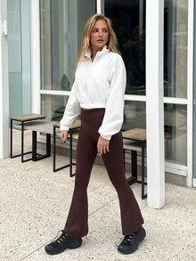 emmajanestevens Women's Solid Color High Waist Seamless Flare Pants - Coffee Brown - View 5
