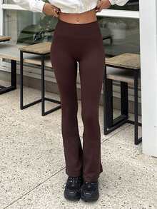 emmajanestevens Women's Solid Color High Waist Seamless Flare Pants - Coffee Brown - View 7