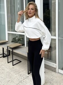 emmajanestevens Women Loose Fit Zip-Up Sweatshirt,Black White Color Block Design,Long Sleeve,Drawstring Hem For Fall Winter,Athleisure,Gym,Yoga,Running,Tennis,Golf - White - View 4