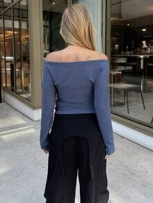 emmajanestevens Dusty Blue Off-Shoulder Fitted Knit T-Shirt Night Out Autumn Sexy Casual - Navy Blue - View 2