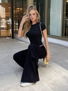 emmajanestevens 女士纯色圆领休闲百搭日常短袖T恤 - 黑色 - 查看 6