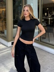 emmajanestevens 女士纯色圆领休闲百搭日常短袖T恤 - 黑色 - 查看 3