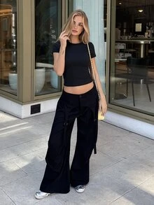 emmajanestevens 女士纯色圆领休闲百搭日常短袖T恤 - 黑色 - 查看 2