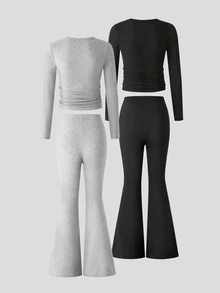 SHEIN Tween Girls Winter Style Casual 80s Cute Solid 4-Piece Matching Co-Ord Set Square Neck Ruched Long Sleeve T-Shirt And Slim Fit Flare Pants Grey Black - Multicolor - View 2