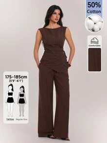 SHEIN Tall Tall Women's Brown Striped Ruched Lace-Up Top And Trousers Two Pieces Set - Brown - View 1