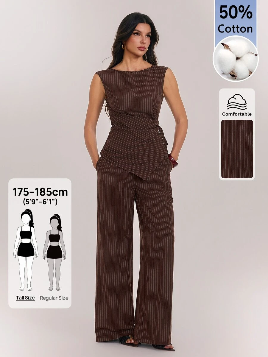 SHEIN Tall Tall Women's Brown Striped Ruched Lace-Up Top And Trousers Two Pieces Set - Brown - View 1