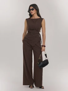 SHEIN Tall Tall Women's Brown Striped Ruched Lace-Up Top And Trousers Two Pieces Set - Brown - View 7