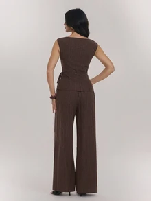 SHEIN Tall Tall Women's Brown Striped Ruched Lace-Up Top And Trousers Two Pieces Set - Brown - View 2