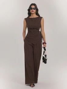 SHEIN Tall Tall Women's Brown Striped Ruched Lace-Up Top And Trousers Two Pieces Set - Brown - View 5