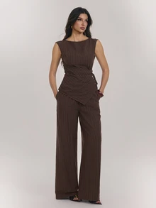 SHEIN Tall Tall Women's Brown Striped Ruched Lace-Up Top And Trousers Two Pieces Set - Brown - View 8