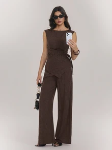 SHEIN Tall Tall Women's Brown Striped Ruched Lace-Up Top And Trousers Two Pieces Set - Brown - View 6