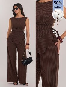 SHEIN Tall Tall Women's Brown Striped Ruched Lace-Up Top And Trousers Two Pieces Set - Brown - View 4