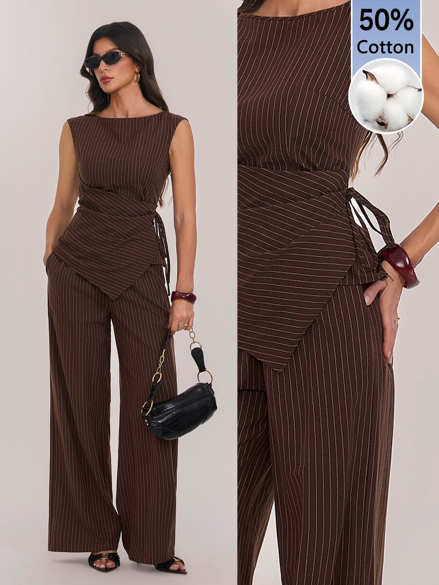 SHEIN Tall 高個女款棕色條紋抓皺綁帶上衣與長褲兩件套 - 棕色 - 查看 1
