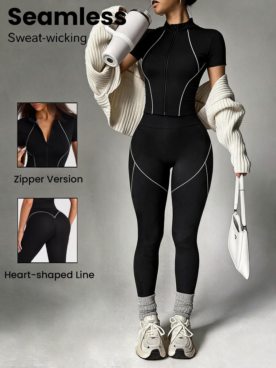 SHEIN Dewbera Women's Zipper Front Short Sleeve Top And Leggings Sports Set - Black and White - View 1