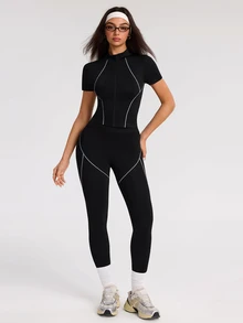 SHEIN Dewbera Women's Zipper Front Short Sleeve Top And Leggings Sports Set - Black and White - View 5