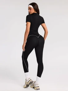 SHEIN Dewbera Women's Zipper Front Short Sleeve Top And Leggings Sports Set - Black and White - View 2
