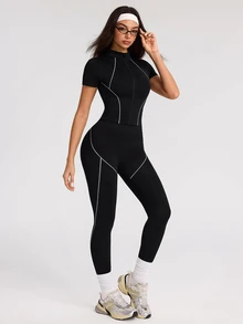 SHEIN Dewbera Women's Zipper Front Short Sleeve Top And Leggings Sports Set - Black and White - View 4