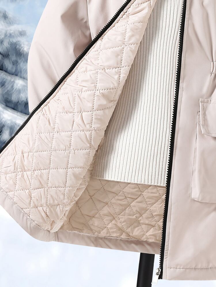 SHEIN Teenagers Autumn/Winter New Style Parka Jacket Fur Collar Large Pockets Hooded Waist-Cinching Minimalist Baggy Cute Mid-Length Cotton Coat White Work - Apricot - View 7