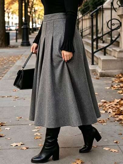 Rometta European & American Halloween Plus Size Wool Pleated Skirt, Dark Gray High Waist Belted A-Line Pleated Skirt, Thick Fabric For Autumn/Winter, Leg-Flattering, Minimalist Versatile Skirt For Campus, Commute, Party
