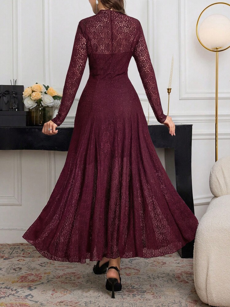 Modelyn Elegant High-End Black Lace Flowy Dress, Spring/Summer - Red Violet - View 2