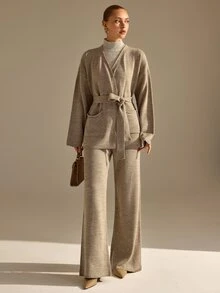 CLARA VERO Belted Pocket Knit Palazzo Set, Oversize Fit, Relax Or Daily, Robe Closure, Wide Leg Pant, Soft Yarn - Brown - View 4