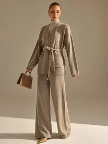 CLARA VERO Belted Pocket Knit Palazzo Set, Oversize Fit, Relax Or Daily, Robe Closure, Wide Leg Pant, Soft Yarn - Brown - View 5