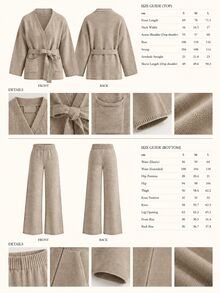 CLARA VERO Belted Pocket Knit Palazzo Set, Oversize Fit, Relax Or Daily, Robe Closure, Wide Leg Pant, Soft Yarn - Brown - View 10