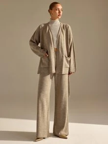 CLARA VERO Belted Pocket Knit Palazzo Set, Oversize Fit, Relax Or Daily, Robe Closure, Wide Leg Pant, Soft Yarn - Brown - View 3