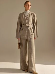 CLARA VERO Belted Pocket Knit Palazzo Set, Oversize Fit, Relax Or Daily, Robe Closure, Wide Leg Pant, Soft Yarn - Brown - View 6