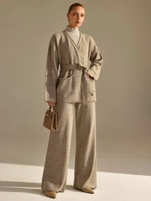 CLARA VERO Belted Pocket Knit Palazzo Set, Oversize Fit, Relax Or Daily, Robe Closure, Wide Leg Pant, Soft Yarn - Brown - View 8