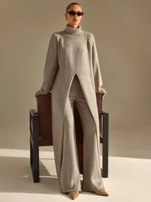 CLARA VERO طقم محبوك بياقة عالية وفتحة أمامية، ملابس علوية فضفاض، للشارع أو الكاجوال، فتحة في المنتصف، بنطلون واسع الساق - بيج - مشاهدة 7