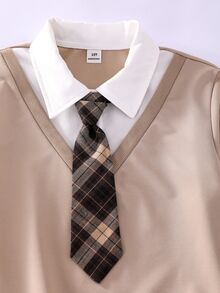 SHEIN 青少年女孩校園風格格紋百褶裙 80年代美式學院風 2合1抽繩衛衣套裝 適合校園與校外穿著 黑色棕色格紋 - 卡其色 - 查看 4
