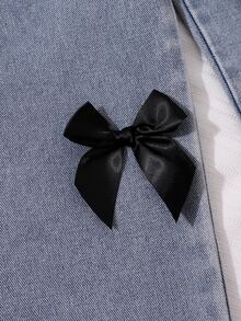 SHEIN Girls Sweet Cool Bowknot Denim Set, Black And White Ribbed Cardigan With Inner Layer, Wide Leg Denim Pants, School Off Campus Birthday Winter Cute 80s - Multicolor - View 6