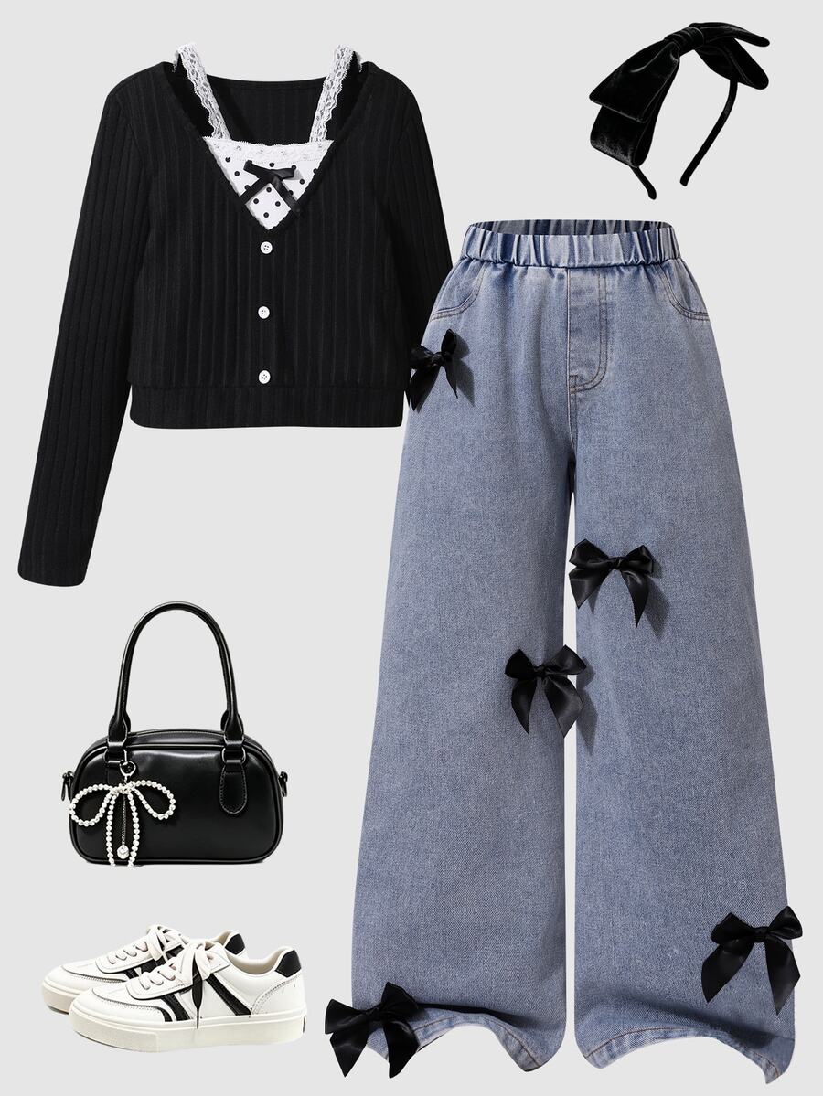 SHEIN Girls Sweet Cool Bowknot Denim Set, Black And White Ribbed Cardigan With Inner Layer, Wide Leg Denim Pants, School Off Campus Birthday Winter Cute 80s - Multicolor - View 1