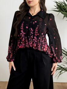 Modelyn 大码印花前开襟休闲长袖衬衫 - 彩色 - 查看 3