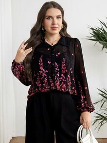 Modelyn 大码印花前开襟休闲长袖衬衫 - 彩色 - 查看 4