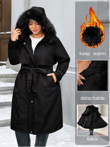 Easura Plus Size Autumn/Winter Long Sleeve Hooded + Detachable Fur Collar Thermal Lined Padded Coat - Black - View 1
