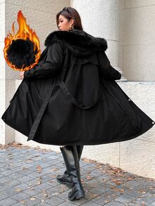 Easura Plus Size Autumn/Winter Long Sleeve Hooded + Detachable Fur Collar Thermal Lined Padded Coat - Black - View 2