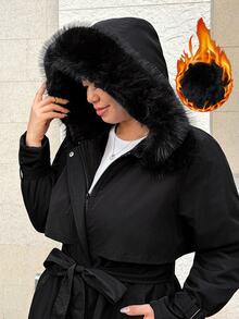Easura Plus Size Autumn/Winter Long Sleeve Hooded + Detachable Fur Collar Thermal Lined Padded Coat - Black - View 4