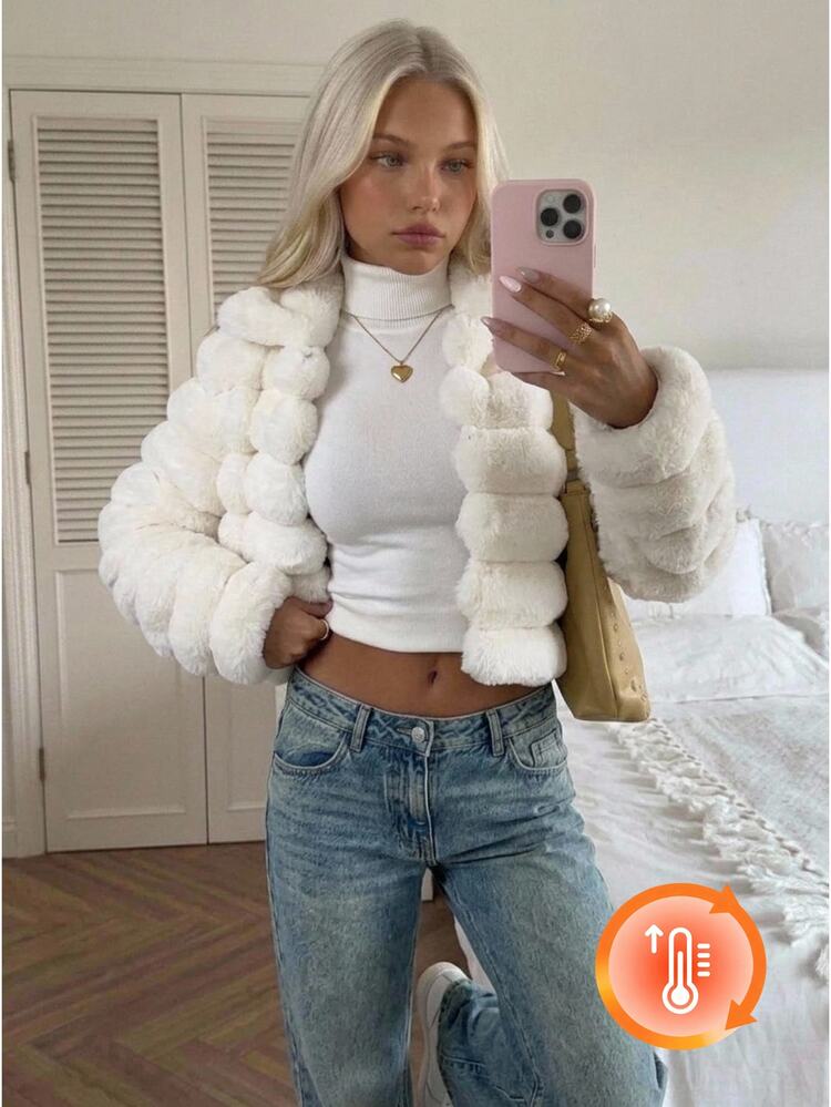 CovetEZ Women's Autumn/Winter Zip-Up Collar Versatile Faux Fur Jacket Christmas Everyday Travel White Casual Elegant - White - View 7
